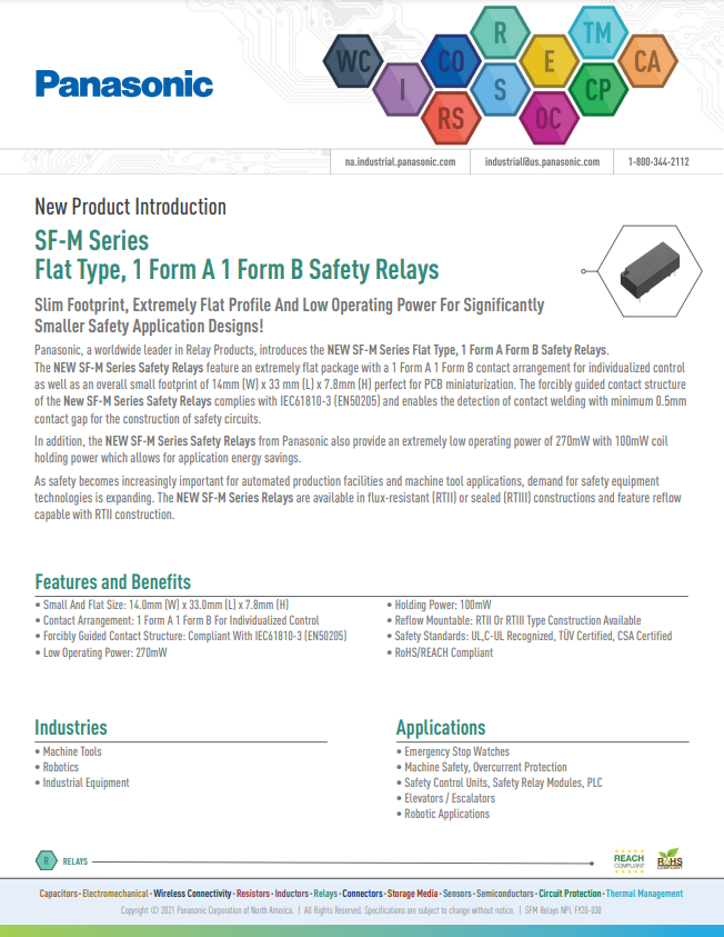 PANASONIC SF-M PRODUCT CARD SF-M SERIES: FLAT TYPE, 1 FORM A, 1 FORM B SAFETY RELAYS